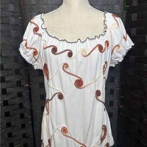 Lauren Michelle Vintage White Top with Brown and Orange embroidered Swirls.